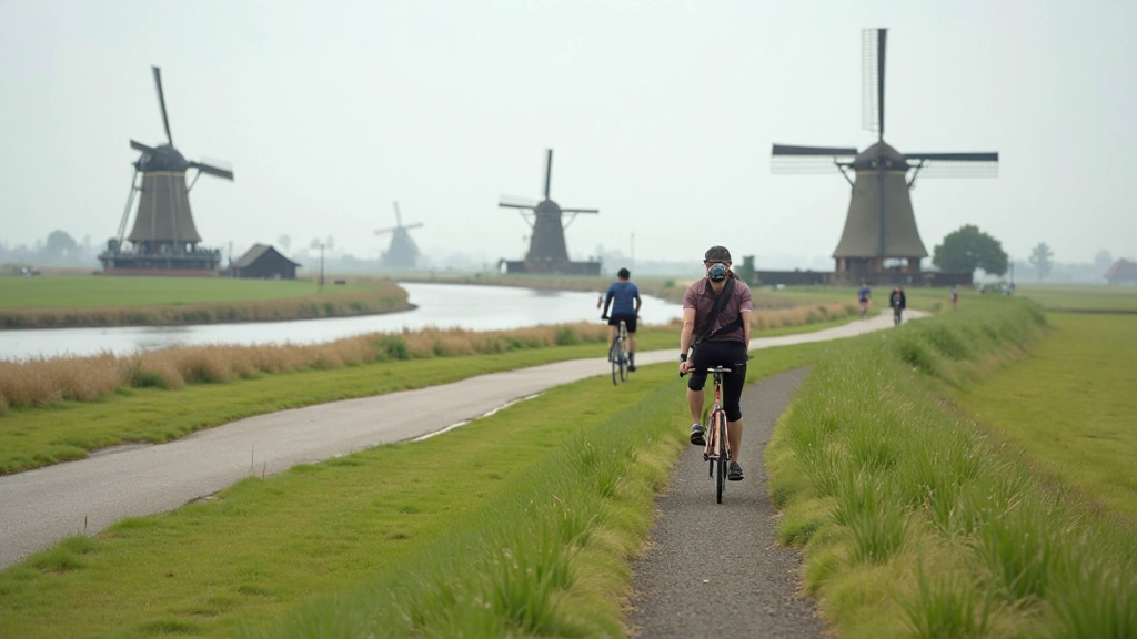 Nederlandse landschap met typische molens en fietsers
