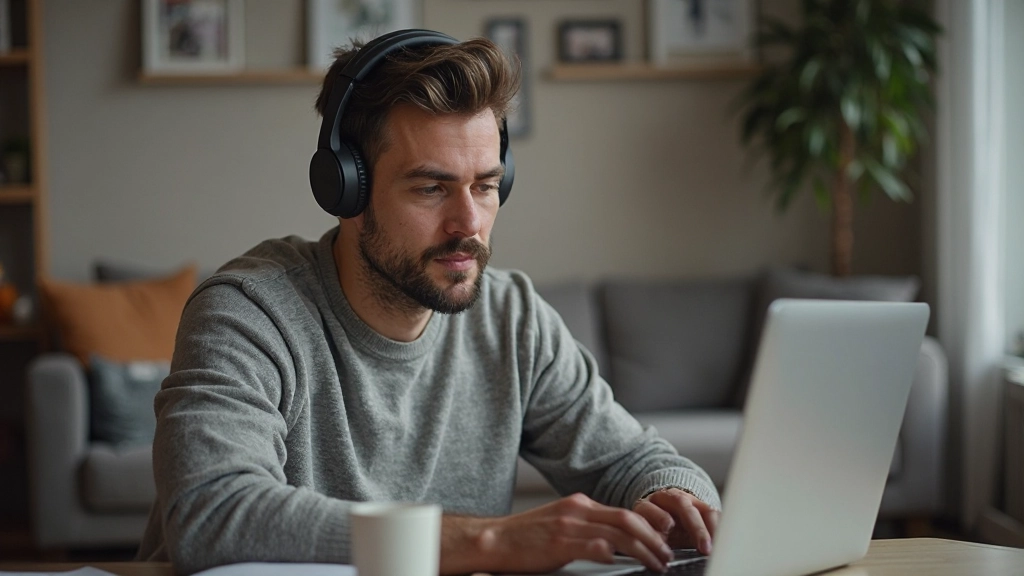 Volwassen student met koptelefoon luistert naar Nederlandse audiolessen op laptop in thuisomgeving