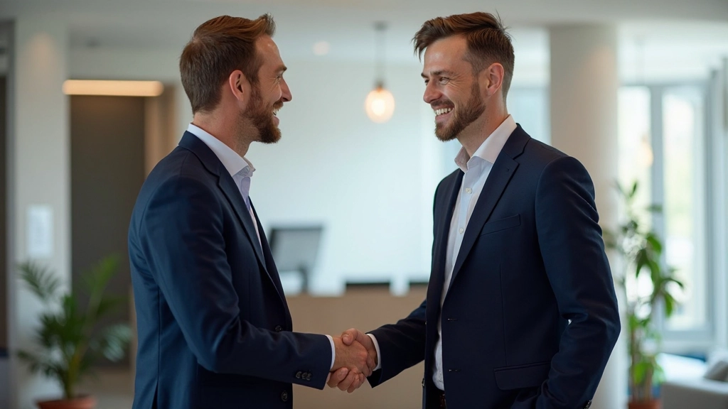 Twee zakelijke professionals voeren formele Nederlandse begroeting uit met handdruk in modern kantoor